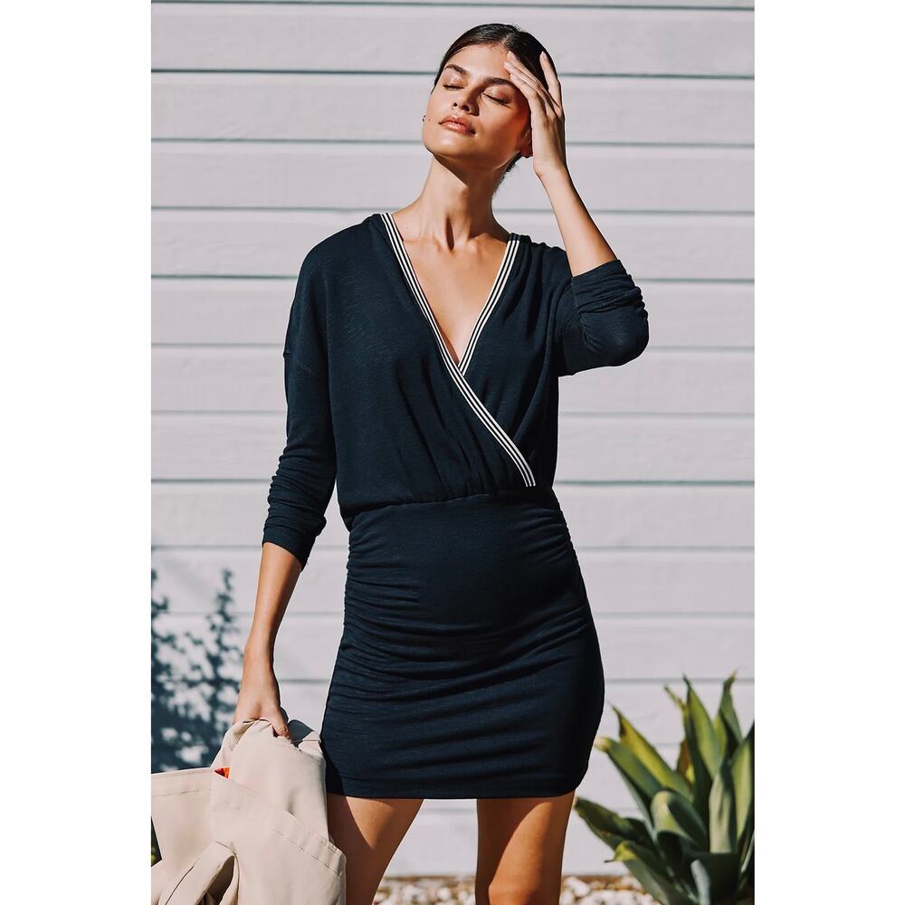 NEW Anthro Daily Practice Long Sleeve Ruched Hooded Mini Knit Navy Blue Dress